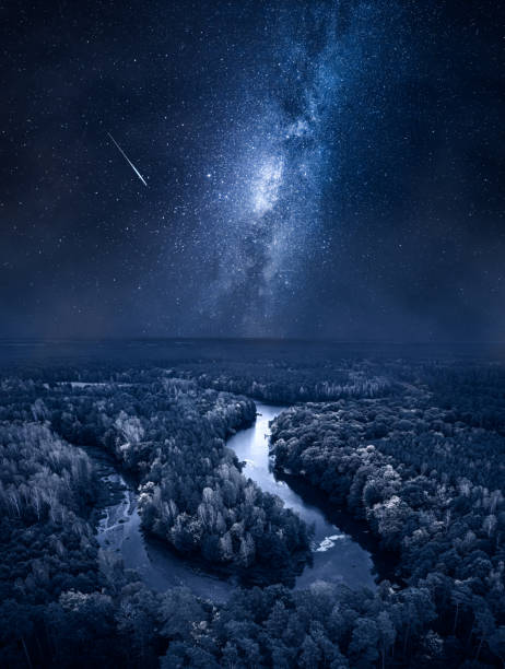 Photo of Milky way over river at night. Wildlife in Poland.