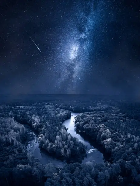 Photo of Milky way over river at night. Wildlife in Poland.