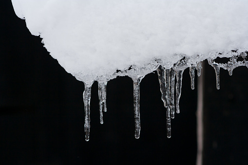 icicles on black background. Winter concept. Melting icicles.