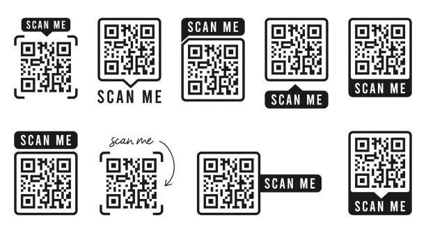 Vector illustration of QR code set. Template of frames with text - scan me and QR code for smartphone, mobile app, payment and discounts. Quick Response codes. Vector
