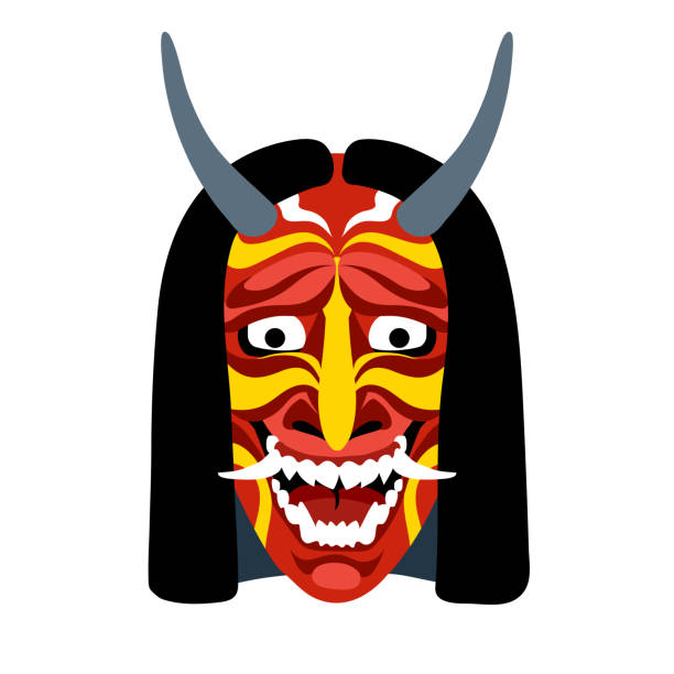 hannya, japanese theatrical mask of an angry jealous woman, demon, monster, hannya, japanese theatrical mask of an angry jealous woman, demon, monster, color vector illustration isolated on a white background in artoon and flat design hannya stock illustrations
