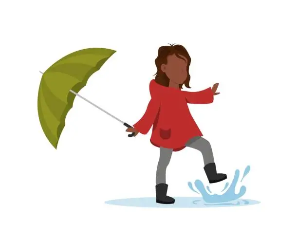 Vector illustration of The girl runs in the rain. Autumn fun activities.