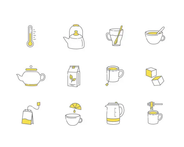 Vector illustration of Tea linear icons. Everything for tea drinking. Vector