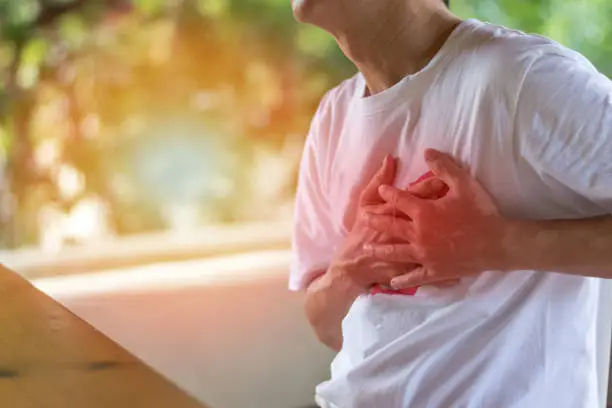 Photo of Heart burn or Pericarditis disease concept.Man's hands on his chest suffering on chest pain,heart attack,Lung Problems, orMyocarditis.Pulmonary embolism day