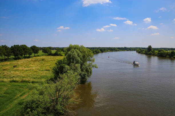 istock Panoramic view on typical dutch rural landscape with river maas and green agricultural fields in summer against blue sky near town Well, Limburg, Netherlands 1326930141