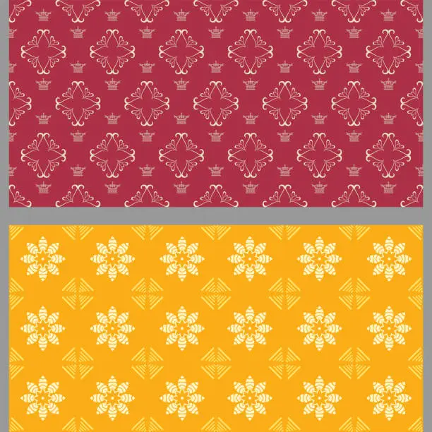Vector illustration of Beautiful background patterns with decorative elements. Set. Used colors: red, yellow, orange, wallpaper. Seamless pattern, texture. Vector illustration for design