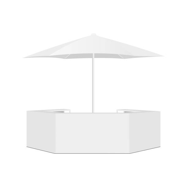 Outdoor Counter Bar and Parasol Isolated on White Background, Front View Outdoor Counter Bar and Parasol Isolated on White Background, Front View. Vector Illustration beach bar stock illustrations