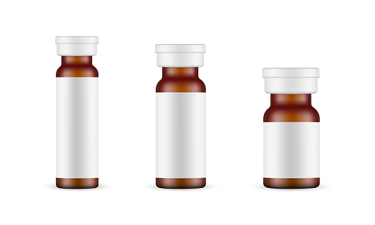 Set of Amber Glass Medical Ampoules Mockups with Blank Labels. Vector Illustration