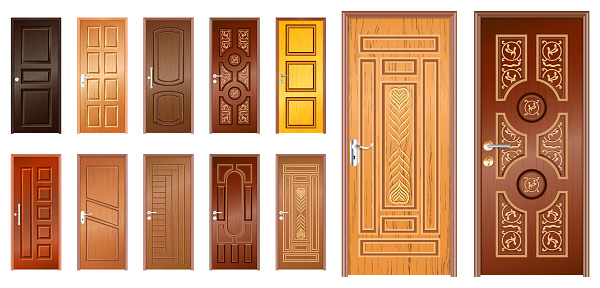 set of realistic wooden door isolated or indonesian traditional door style for home, office or apartment or realistic luxury doors in vintage style concept. eps vector