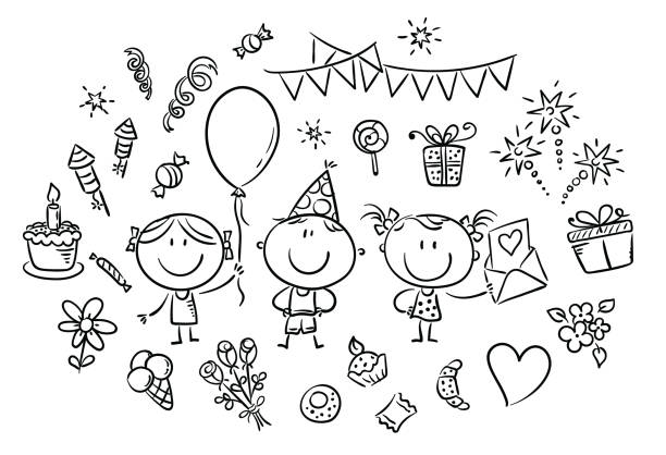 Kids and party things clipart set, outline vector Cartoon kids having birthday plus a lot of party things black and white party stock illustrations