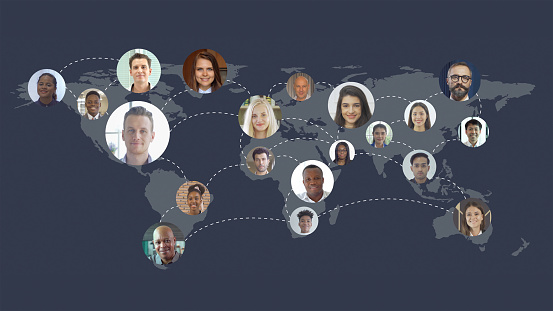 Portrait of multi nationality people in business connection on the global world map in webcam group video call conference online technology. Social networking or wireless connection community.