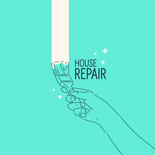 男は��手に道具を持っている。家のリノベーションをテーマにしたポスター。 - female house painter home decorator paintbrush点のイラスト素材／クリップアート素材／マンガ素材／アイコン素材