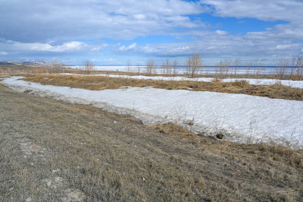 The steppes, snow, bushes, grass and cloudy sky. Coast of the Volga River. Spring landscape.