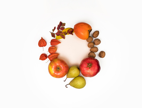 Autumn background with round frame with white blank space