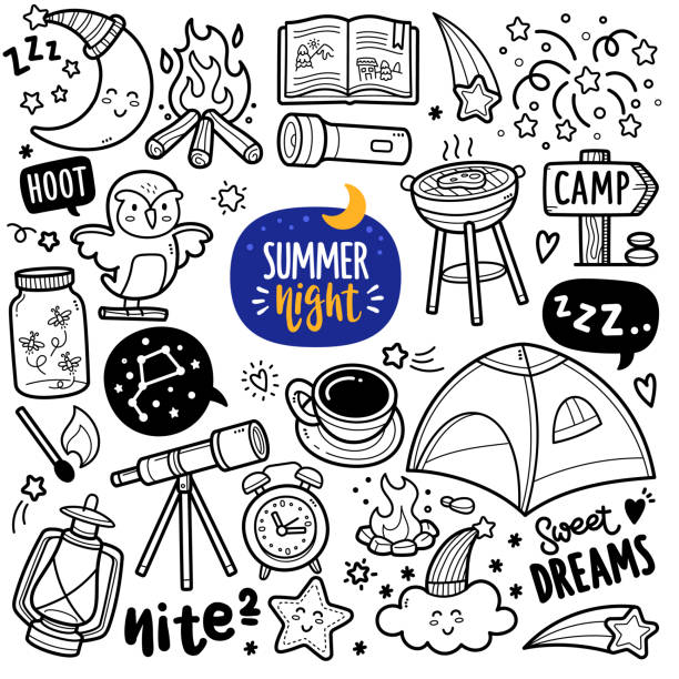 Summer Night Doodle Illustration Doodle illustration of activity and objects in summer nights such as camping, catch fireflies, barbecue, fire camp, looking the stars with telescope, fireworks etc. Black and white line illustration. coffee mug outline clip art stock illustrations