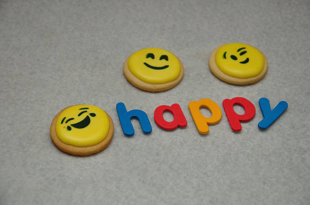 istock Smiley emojies biscuit with the word happy on a white background 1326941807