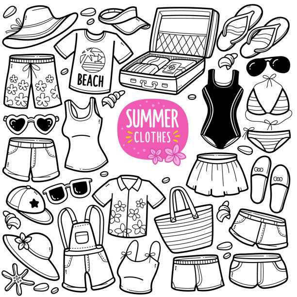 Summer Clothes Doodle Illustration Doodle illustration of summer related clothes such as short pants, sandals, Hawaiian t-shirt, short skirt, eyeglass etc. Black and white line illustration. black and white eyeglasses clip art stock illustrations