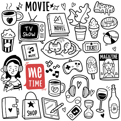 Doodle illustration of me time entertainment activity such as watching movie, read magazine, listening to music, shopping, read novel, playing with pet etc. Black and white line illustration.