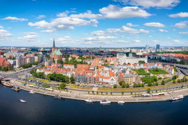 Aerial view of the old town of Szczecin and the Odra River, Poland