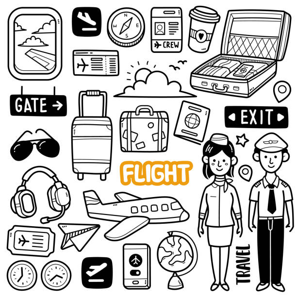 ilustrações de stock, clip art, desenhos animados e ícones de flight doodle illustration - suitcase travel luggage label