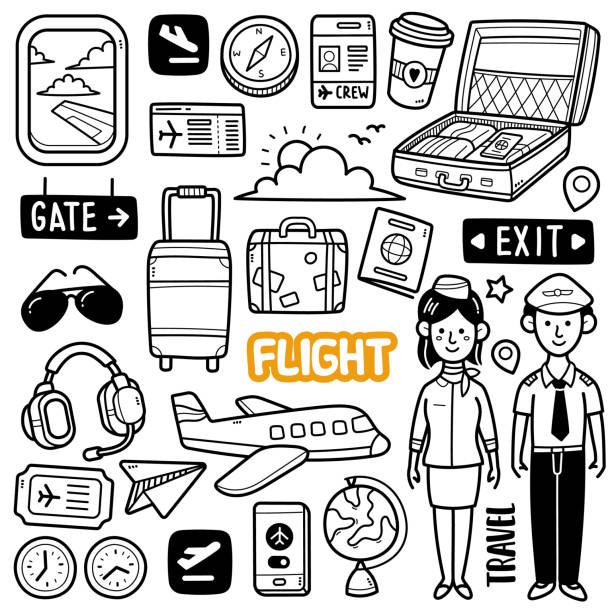 Flight Doodle Illustration Doodle illustration of Flight crew and objects such as pilot, flight attendant, airplane, suitcase, luggage, aviation headset etc. Black and white line illustration. suitcase illustrations stock illustrations