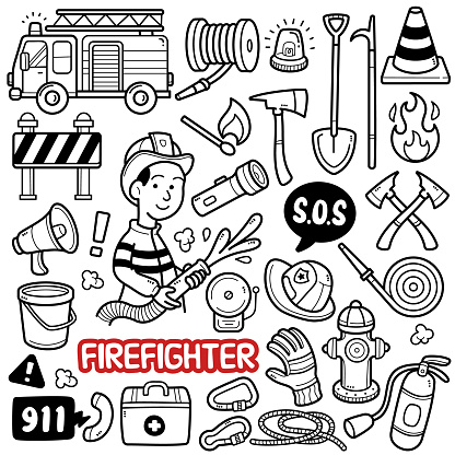 Doodle illustration of Firefighter tools and equipments such as fireman truck, hoses, roadblocks, fire alarms, flashlights, buckets, hydrants, gloves, axe etc. Black and white line illustration.