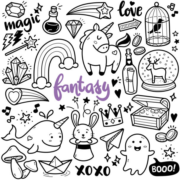 Fantasy Doodle Illustration Doodle illustration of fantasy character and objects such as unicorn, whale, rabbit, magic wand, cute ghost etc. Black and white line illustration. unicorn fish stock illustrations