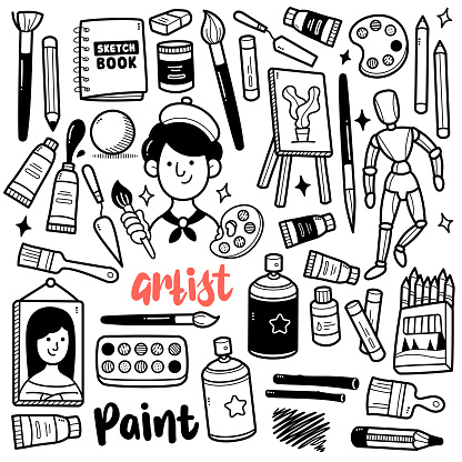 Doodle illustration of painting tools and objects such as canvas, crayon, acrylic, sketches, oil paint, spray paint, brush etc. Black and white line illustration.