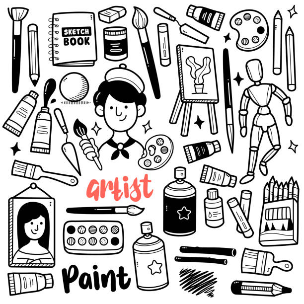 Painting Tools Doodle Illustration Doodle illustration of painting tools and objects such as canvas, crayon, acrylic, sketches, oil paint, spray paint, brush etc. Black and white line illustration. pencil cartoon stock illustrations