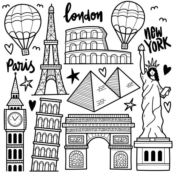 illustrazioni stock, clip art, cartoni animati e icone di tendenza di illustrazione di doodle in tutto il mondo - big ben illustrations