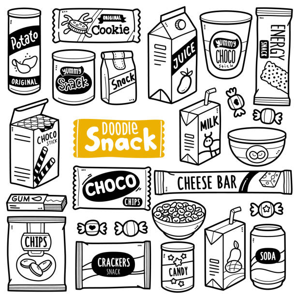ilustrações de stock, clip art, desenhos animados e ícones de snacks doodle illustration - cookie chocolate chip cookie chocolate isolated