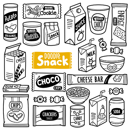 Doodle illustration of snacks such as potato chips, energy bar snacks, candy, chocolate chips, milk etc. Black and white line illustration.
