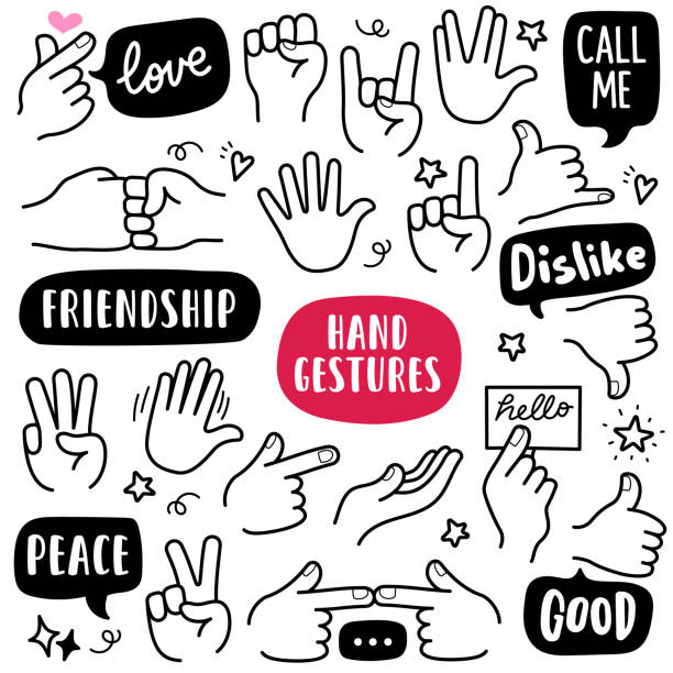 Hand Gesture Doodle Illustration Doodle illustration of hand in various gestures such as love gesture, call-me gesture, peace gesture, friendship gesture, shy or nervous gesture etc. Black and white line illustration. open source clip art stock illustrations