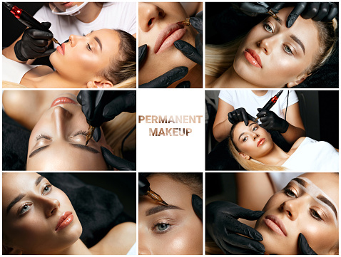 Permanent makeup collage: closeup shots of applying permanent pigment to a lovely young woman