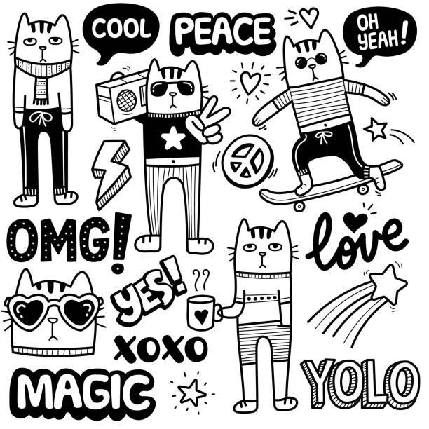 ilustrações de stock, clip art, desenhos animados e ícones de cute funky cat doodle illustration - backgrounds humor cartoon fun