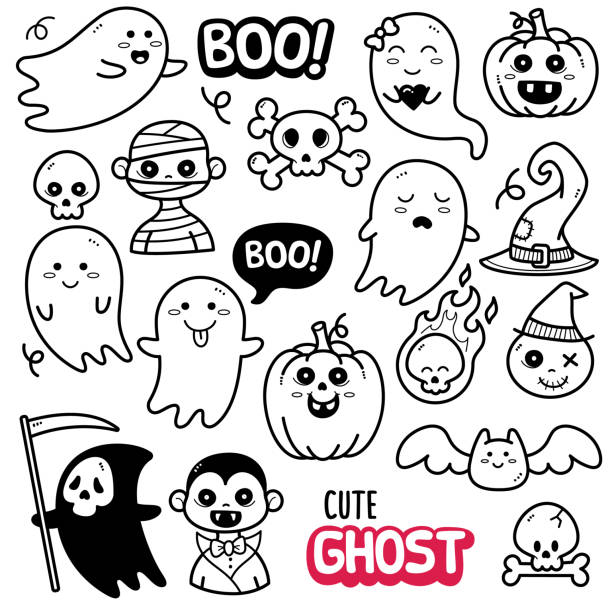 ilustraciones, imágenes clip art, dibujos animados e iconos de stock de linda ilustración de ghost doodle - linterna de halloween ilustraciones