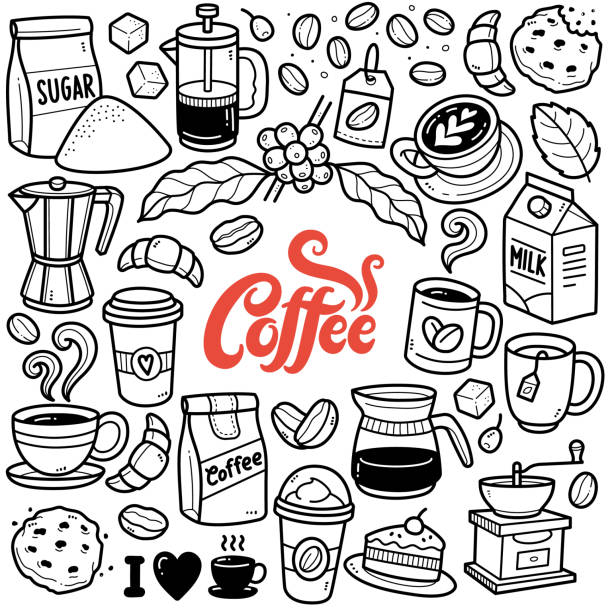 Coffee Time Doodle Illustration Doodle illustration of coffee related graphics and objects such as coffee bean, coffee maker, milk, sugar, cookies etc. Black and white line illustration. french food stock illustrations