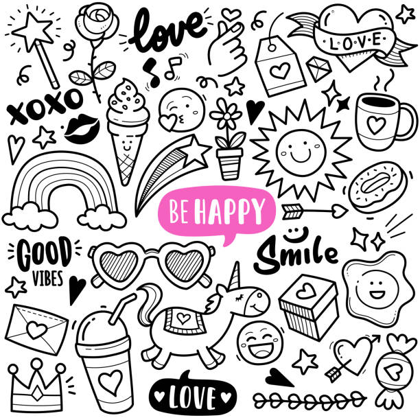 Be Happy Abstract Concept Doodle Illustration Doodle illustration of be happy abstract concept such as mythical unicorn, happy sun, lovely smiles elements and graphics etc. Black and white line illustration. fairy rose stock illustrations