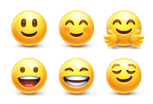 Happy emoji icons Smiling emoji,  beaming emoticon and happy face with flushed cheeks vector set happy stock illustrations