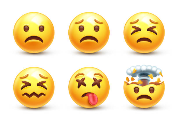 Shocked emoticons Yellow emoji with sad smile, mind blown and confounded face 3D stylized icons frowning stock illustrations