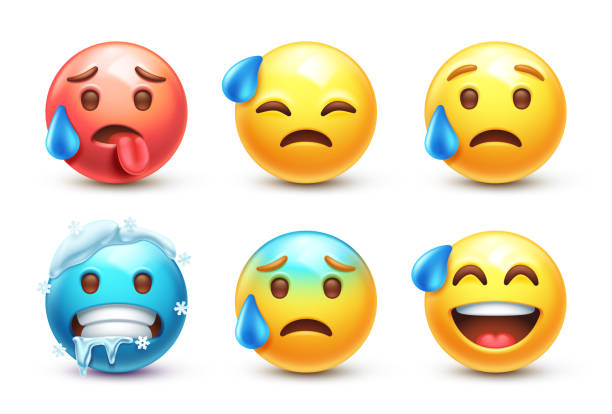 Hot and cold emoji set Overheated and frozen faces. Tired emoticon with sad smile, awkward emoji and anxious face with sweat 3D stylized vector icons emoticon stock illustrations