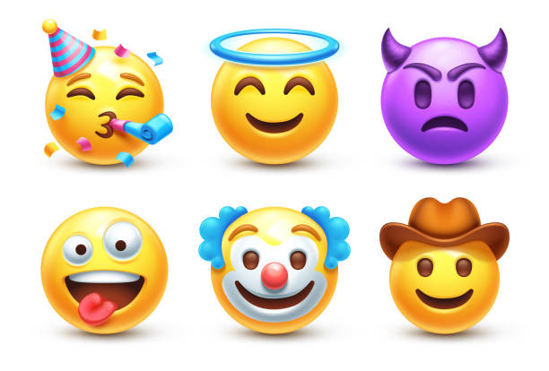 Emoji set Party emoticon, holy halo and sad demon. Crazy face, clown with happy smile and cowboy hat 3D stylized vector icons emoticon stock illustrations