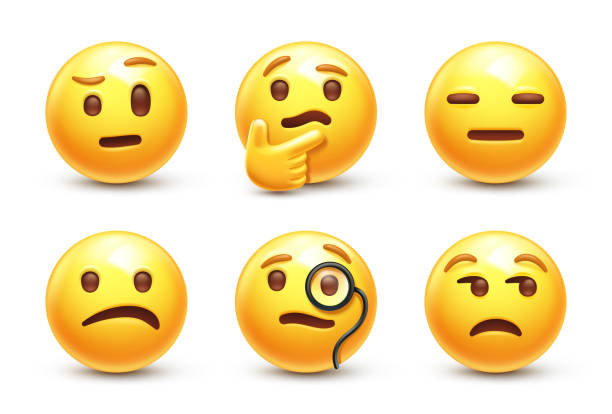 Skeptical emoji Emoticon with raised eyebrow and monocle. Intelligent smug, confused and unamused faces vector icons set uncertainty stock illustrations