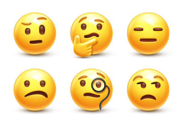 Skeptical emoji Emoticon with raised eyebrow and monocle. Intelligent smug, confused and unamused faces vector icons set disappointment stock illustrations