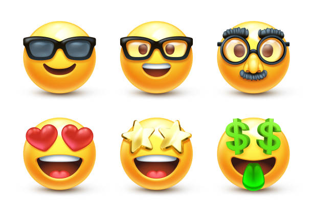 Eyewear and eye shape emoji set Sunglasses and transparent glasses, eyes with hearts, stars and dollar signs 3D stylized emoticons emoticon stock illustrations