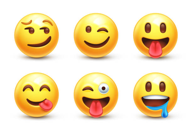 Funny emoji faces Smirk, wink and tongue out emoticons vector set emoji stock illustrations