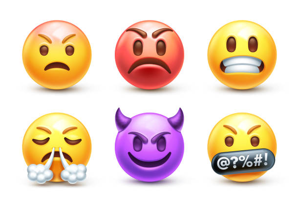 Angry emoji Evil devil emoticon, grumpy frowned red face, swearing censored by grawlix and clenched teeth emojis vector set3 grimacing stock illustrations