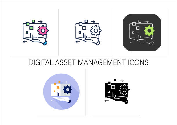illustrazioni stock, clip art, cartoni animati e icone di tendenza di set di icone di gestione delle risorse digitali - dam