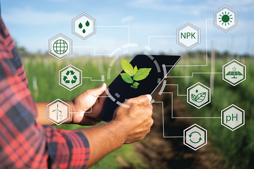 Smart young farmers use tablets to manage their farms and use technology to reduce work time and increase convenience. smart agriculture concept