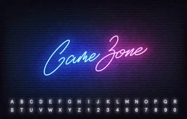Vector illustration of Game Zone neon template. Glowing Game Zone lettering sign.